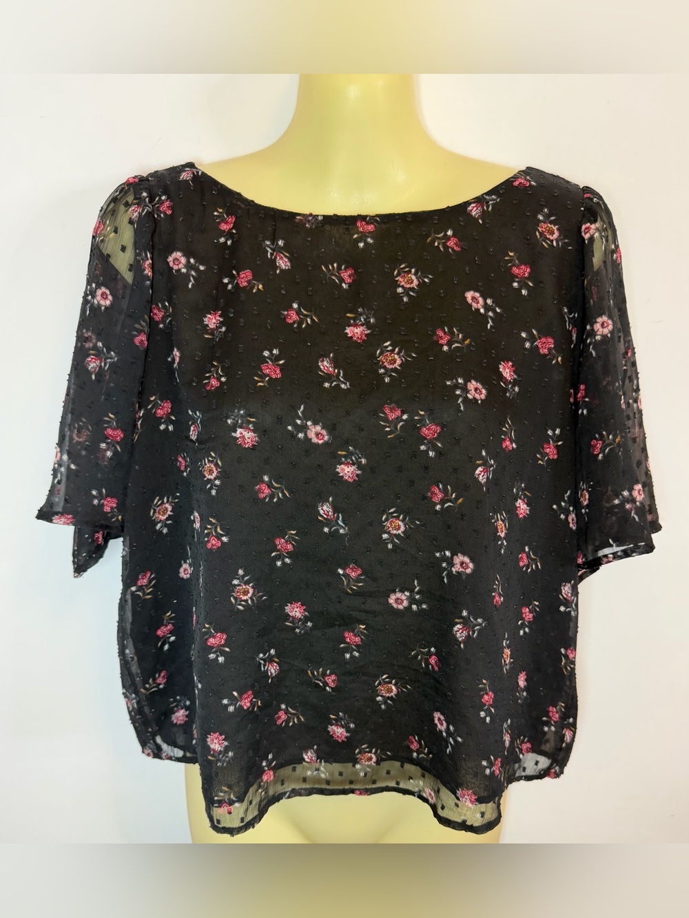 LOFT Black Swiss Dot Sheer Floral Crop Top with Pink Rose Print